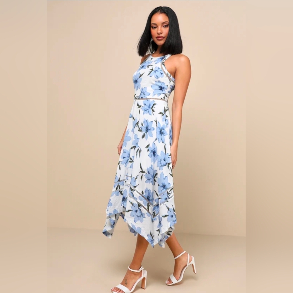 Lulu's White & Light Blue Floral Asymmetrical Midi Dress